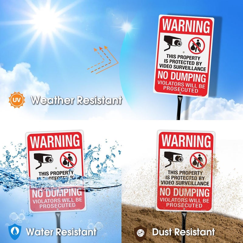 TR Large No Dumping Signs, Property Protected By Video Surveillance Sign with 54" Stake, Violators Will Be Prosecuted - 14"x10" .040 Rust Free Aluminum, Reflective, Waterproof and Fade Resistant, 2 pre-drilled holes, Includes Matching Screws & Wrench, Easy to Mount - Image 3